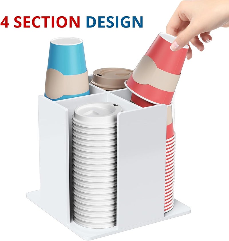 KOTEMON Cup and Lid Holder, 4 Compartment, Square | Rotating Coffee Cup Dispenser Lid Carousel for Restaurant, Buffet, Coffee Station, Bar, Countertop, White Acrylic - Image 3